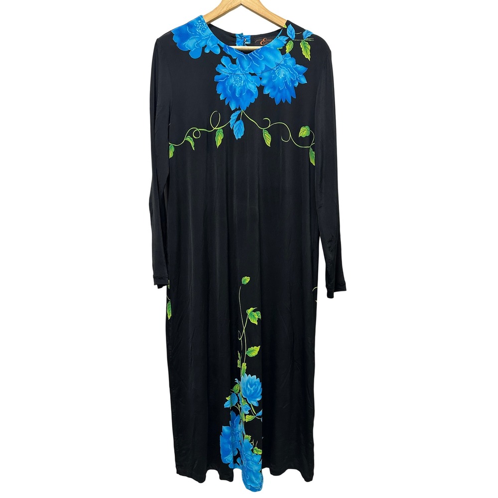 Ettie's Collection Maxi Dress Womens L Black Blue Floral Graphic Long Sleeve